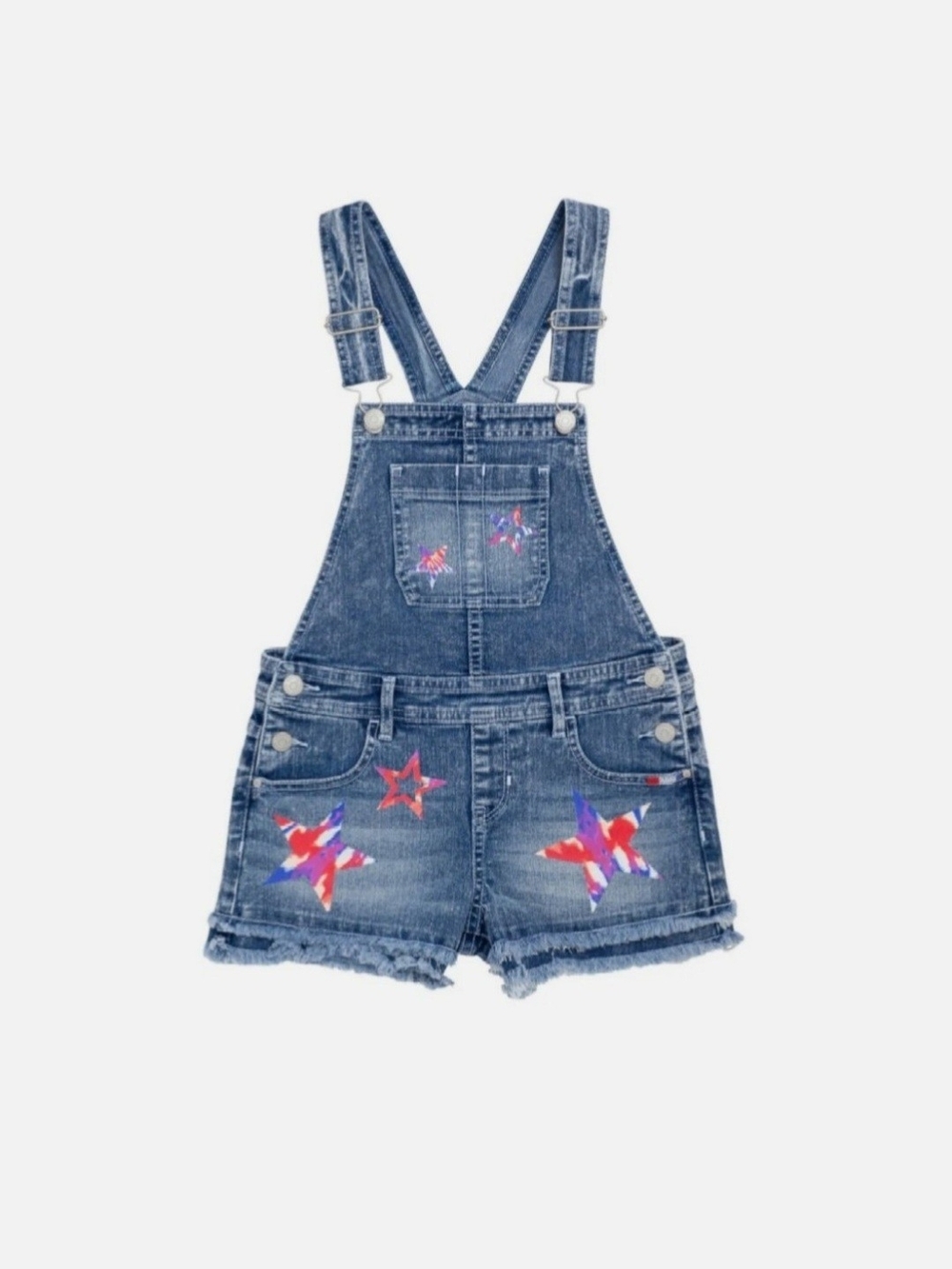 Jordache Patriotic Denim Short Overalls with Multicolor Star Patches Size Small